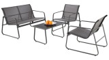 Cumpara ieftin Set mobilier de gradina si terasa HM Conor, metalic, tapiterie textilena, cu canapea, fotolii si masuta cafea, 4 persoane, gri inchis