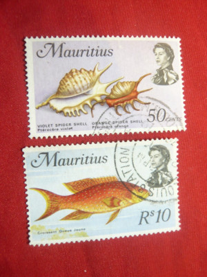 2 Timbre Fauna Acvatica -Mauritius 1969 , 50C si 10 Rupii ,stampilate foto