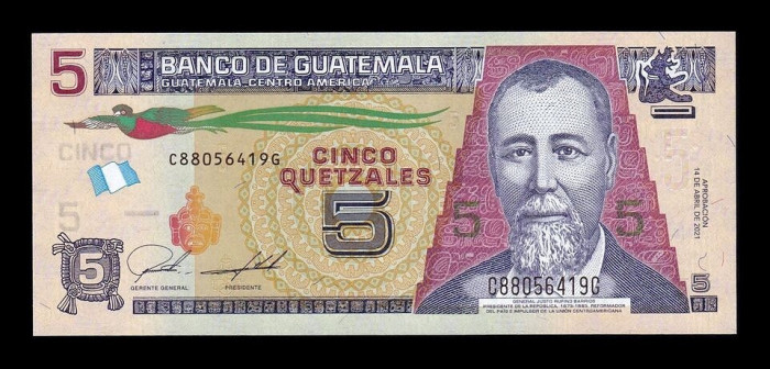 GUATEMALA █ bancnota █ 5 Quetzales █ 2021 █ P-122A █ UNC █ necirculata