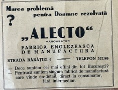 1931 Reclamă rom&acirc;nească Produse de manufactură ALECTO Bucuresti interbelic Str. Bărăției Nr. 6 fabrica englezeasca Manchester industrie modă