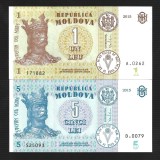 MOLDOVA - 2 buc - LOT / SET - 1 LEU + 5 LEI 2015 , UNC , P-21a + P-21Aa , necirculate