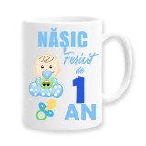 Cana alba personalizata "Nasic fericit de 1 an", INOVATIX&reg;. 330ml