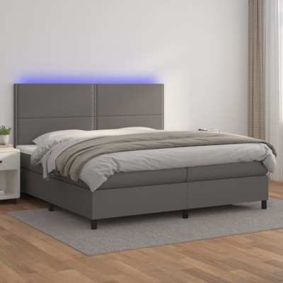 vidaXL Pat cu arcuri, saltea și LED, gri, 200x200 cm, piele ecologică 3135907 foto