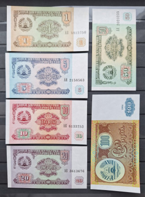 Tadjikistan Set 1,5,10,20,50,100 Ruble 1994 UNC, clasor A1 foto