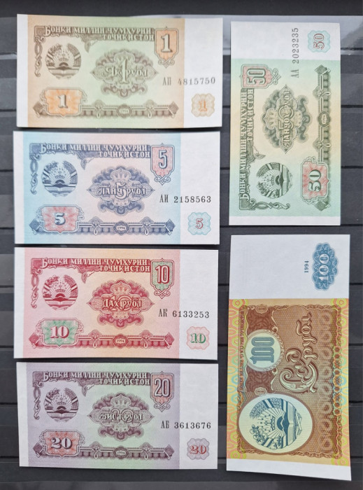 Tadjikistan Set 1,5,10,20,50,100 Ruble 1994 UNC, clasor A1