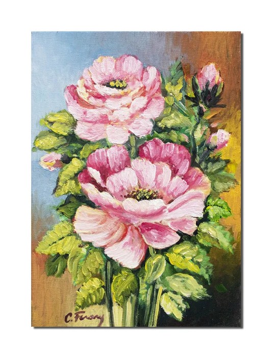 Tablou cu trandafiri pictat manual, 35x25cm ulei pe panza, Constantin Feraru