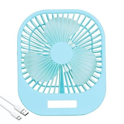 Mini ventilator de masa, cu 3 viteze, incarcare USB, suport sprijin/agatare, din ABS, cu grila de siguranta, albastru foto