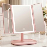 Oglindă de machiaj roz pliabilă cu iluminare LED, 22x17cm