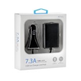 Incarcator Auto 7.3A cu 2 Porturi USB &amp; HUB cu 2 Porturi USB (Negru)