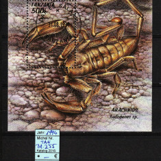 Timbre Tanzania, 1994 | Arahnide - Scorpioni, păianjeni, animale | Coliţă | aph