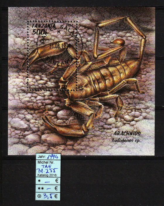 Timbre Tanzania, 1994 | Arahnide - Scorpioni, păianjeni, animale | Coliţă | aph