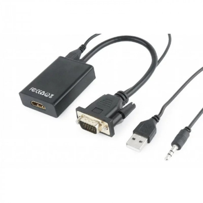 CABLU video GEMBIRD adaptor VGA (T) + Jack 3.5mm (T) la HDMI (M) 15cm negru A-VGA-HDMI-01