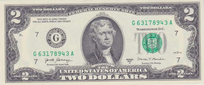 Bancnota Statele Unite ale Americii 2 Dolari 2017A - UNC ( G = Chicago - vezi descriere )