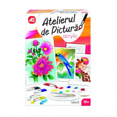 Atelier de pictura Aquarelle Mini Natura AS, 3 cartonase, panza pictura, pensula, 5 culori, 10 ani+