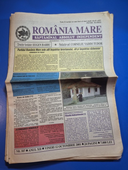 ziarul romania mare 12 octombrie 2001 - redactor sef corneliu vadim tudor