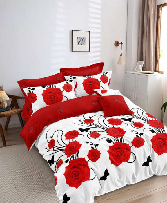 Lenjerie de pat pentru o persoana cu husa elastic pat si fata perna patrata, Alroy, bumbac mercerizat, multicolor