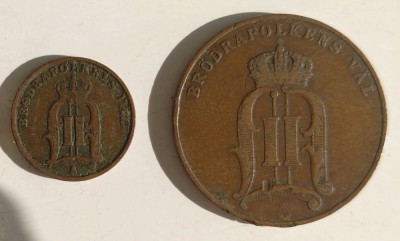 Lot 2 monede Suedia - 1 Ore 1899 și 5 Ore 1905 foto