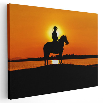 Tablou silueta calaret pe cal la apus Tablou canvas pe panza CU RAMA 80x120 cm foto