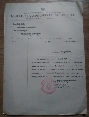 Adresa Comisiei Monumentelor Istorice semnată de arhitectul I. Atanasescu 1933 foto