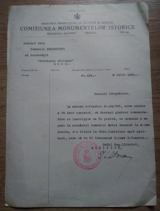 Adresa Comisiei Monumentelor Istorice semnată de arhitectul I. Atanasescu 1933