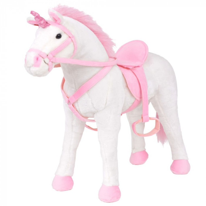 Jucărie unicorn din pluș &icirc;n picioare, alb și roz, XXL