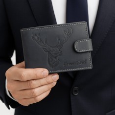 Portofel barbati piele naturala personalizat cu Cerb, Compatibil cu Buletin, Carduri, Bancnote, Protectie RFID