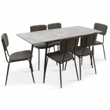 Set masa extensibila si 6 scaune Shazam-Tania, Pakoworld, 120-160x80x76 cm, MDF/fier/textil, gri ciment/negru/gri inchis