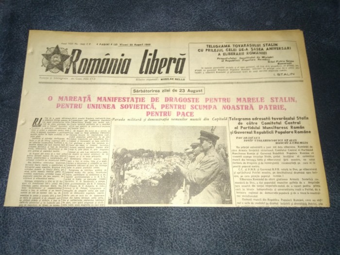 ZIARUL ROMANIA LIBERA 25 AUGUST 1950 RAZBOI COREEA ORASUL BRASOV SE NUMESTE ORASUL STALIN