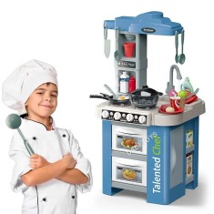 Bucatarie pentru copii WePro Store, circuit de apa real, cuptor si plita, sunete si lumini, accesorizata complet, Albastra, 3 ani +