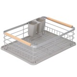 Scurgator de vase, cu manere de lemn, din otel, cu tavita de scurgere, suport pentru tacamuri, gri