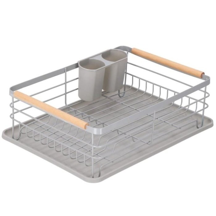 Scurgator de vase, cu manere de lemn, din otel, cu tavita de scurgere, suport pentru tacamuri, gri