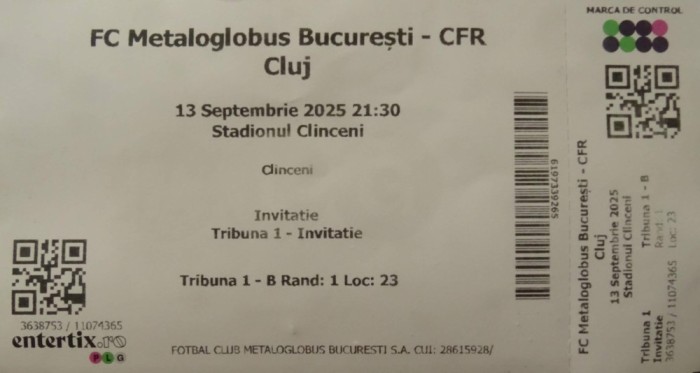 Bilet Metaloglobus Bucuresti v CFR Cluj 13.9.2025