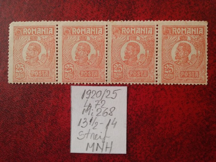 1920- Romania- Ferd. b. mic Mi268-roz caramiz.-streif 4-MNH