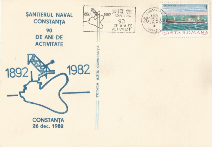 Rom&acirc;nia, Şantierul Naval Constanţa, 90 ani de activit., carton, Constanţa, 1982