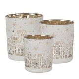 Cumpara ieftin Set 3 candele Craciun sticla alba aurie 7x8 cm, 9x10 cm, 10x12 cm