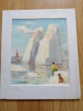 Pescuit arctic - pictura in ulei pe carton - dimensiuni: 22 cm x 26 cm