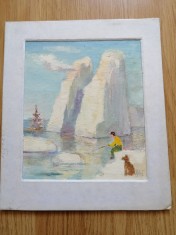 Pescuit arctic - pictura in ulei pe carton - dimensiuni: 22 cm x 26 cm