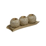 Set 3 suporturi lumanari rasina cu tava Champagne 33 cm x 22 cm x 11 cm, Inart