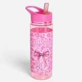 Sticlă de apă cu capac flip-top și pai, 650 ml, roz, cu imprimeu cu inimioare, CMCLASS