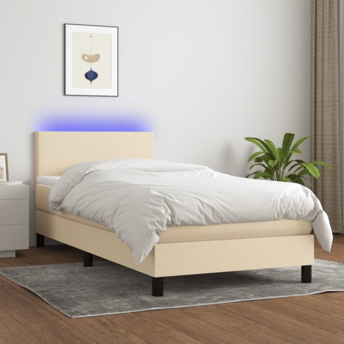 vidaXL Pat cu arcuri, saltea și LED, crem, 90x190 cm, textil 3132962