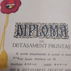 Diploma PIONIER-DIPLOMA DE DETASAMENT FRUNTAS-ORGANIZATIA PIONIERILOR RSR-1970