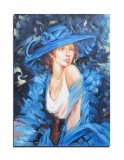 Cumpara ieftin Tablou tanara cu palarie albastra pictat manual, Eleganta, 70x50cm ulei pe panza, Mircea Iordache