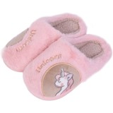 Cumpara ieftin Papuci de casa pentru copii imblaniti, cu talpa antiderapanta, design vesel cu unicorn, caldurosi, perfecti pentru anotimpul rece, culoare roz, marime