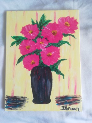 TABLOU PE PANZA CU SASIU NOU 30X40 CM VAS CU FLORI ROZ foto