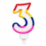 Cumpara ieftin Lumanare tort cifra 3 cu sclipici, multicolora rosu, galben, albastru si roz, decor aniversar cu suport pentru fixare