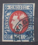 ROMANIA 1869 LP 29 REGELE CAROL I CU FAVORITI VALOAREA 50 BANI / STAMPILAT T.MAGURELE POINCON