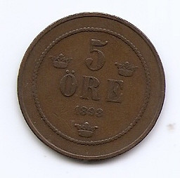 Suedia 5 Ore 1898 - Oscar II (litere mari) Bronz, 27 mm KM-757