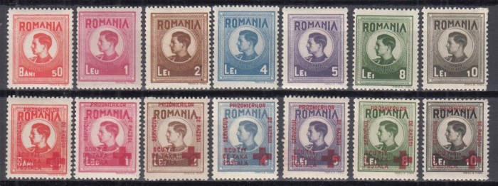 ROMANIA 1943/1944 EFIGIA REGELUI MIHAI TIMBRE FISCAL POSTALE+1946 SERVICIUL PRIZONIERILOR DE RAZBOI SCUTIT TAXA POSTALA SERII SARNIERA