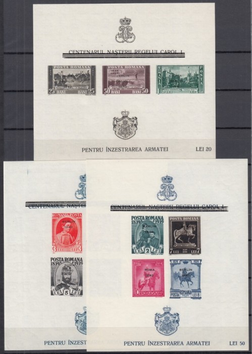 ROMANIA 1939/1940 LP 136 CENTENARUL NASTERII REGELUI CAROL I PENTRU INZESTRAREA ARMATEI SET NEDANTELAT SUPRATIPAR NEEMIS ROMA BERLIN MNH