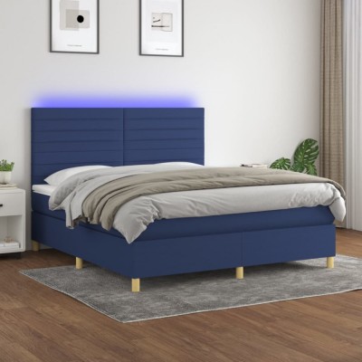 vidaXL Pat cu arcuri, saltea și LED, albastru, 160x200 cm, textil foto